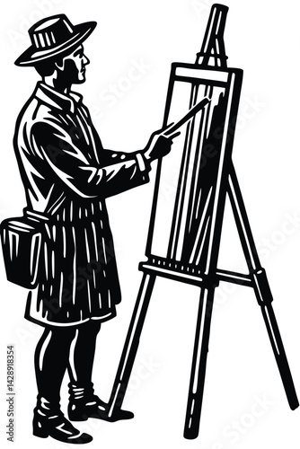 Artist painting on easel with brush in retro monochrome style illustration