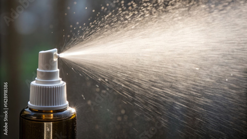 Obraz na płótnie close up of spray bottle misting, showcasing burst of fine mist in natural setting, creating refreshing atmosphere w salonie
