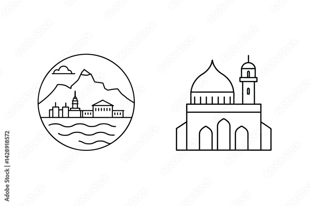 Naklejka premium Simple Line Art Illustration Of Mosque And Cityscape With Mountain View