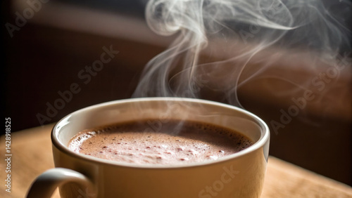 warm cup of hot cocoa with steam rising, creating cozy atmosphere perfect for relaxation