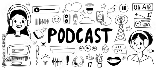 Black and white hand drawn icons related to podcasting, including microphones, headphones, speakers, and On Air signs. Ideal for podcast, audio, media, and entertainment-themed projects