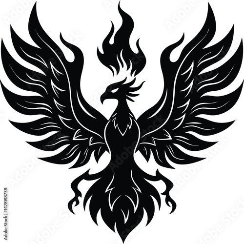 Black silhouette of phoenix with flames symbol of rebirth and power