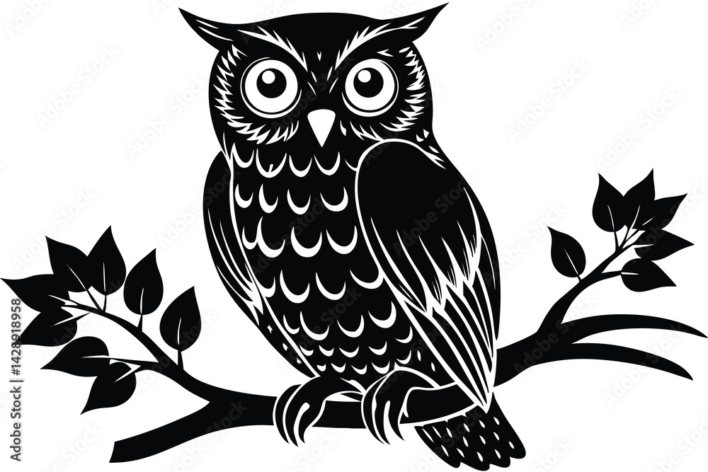 Fototapeta premium Elegant owl perched on branch black and white illustration graphic design