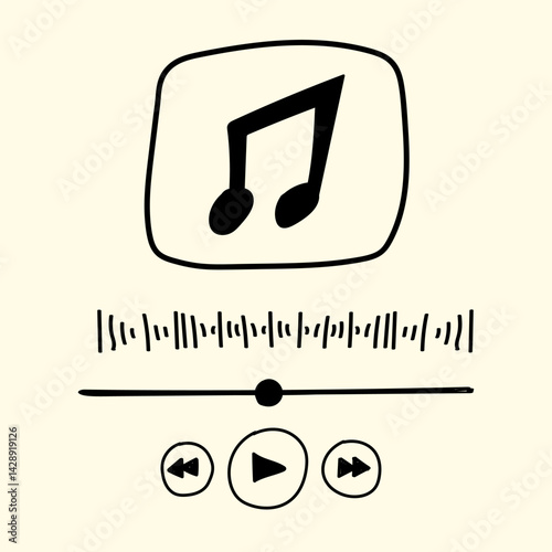 Minimalist hand drawn music player icon with a music note, sound wave, and play pause controls. Perfect for music, podcasting, audio apps, or media projects.