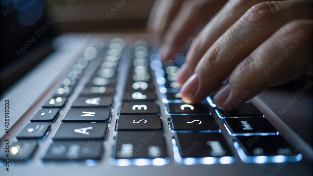 Close up of hands typing on laptop keyboard, showcasing illuminated keys and focused action