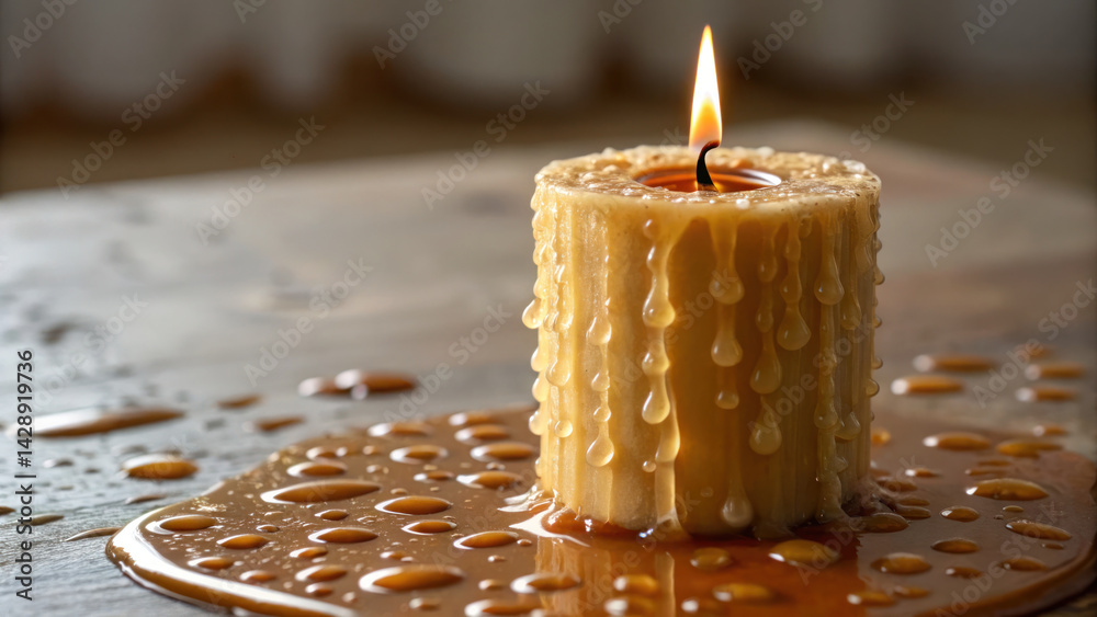 Melting candle with dripping wax creates warm and inviting atmosphere, enhancing any space with its soft glow