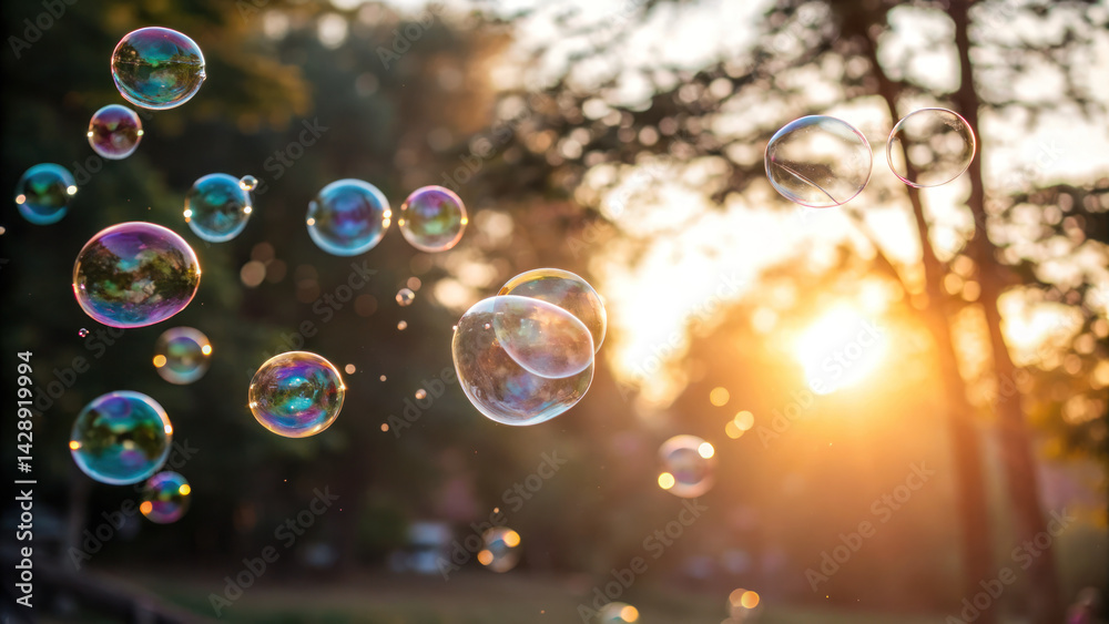 Bubbles floating in sunlight create magical atmosphere, reflecting colors and joy in serene outdoor setting