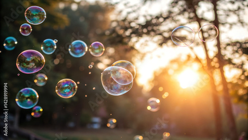 Obraz na płótnie Bubbles floating in sunlight create magical atmosphere, reflecting colors and joy in serene outdoor setting w salonie
