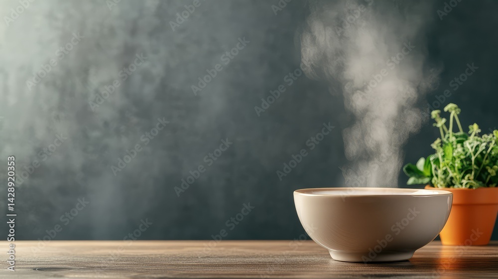 Minimal warm bowl with visible steam trail on a dark wood tabletop Minimal warm bowl with visible steam trail on a dark wood tabletop