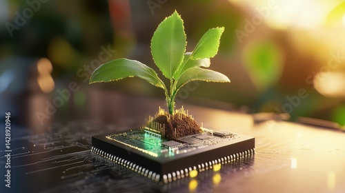 Technology meets nature: plant embedded in microchip with dark background