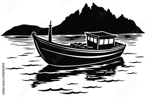 Black and white illustration of a fishing boat on the water with mountains