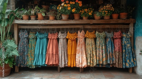 Wallpaper Mural Colorful summer dresses displayed on rustic wooden rack with potted plants. Torontodigital.ca