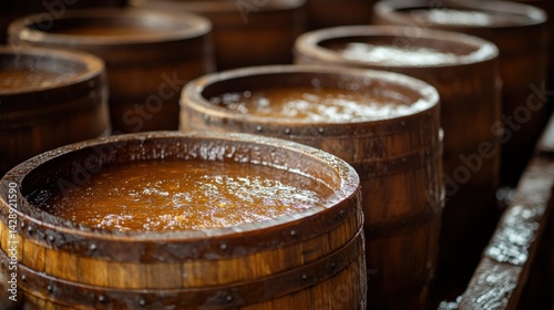 Wooden barrels filled with amber liquid, possibly brine or fermentation process.