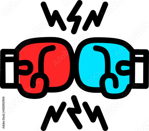Boxing gloves versus match battle fight between blue gloves versus red gloves hit punch. Battle emblem cartoon illustration.	