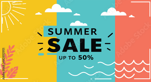 Vibrant Summer Sale Advertisement
 Colorful Summer Discount Promotion
 Up to 50% Off Summer Sale Design
 Tropical Summer Sale Announcement