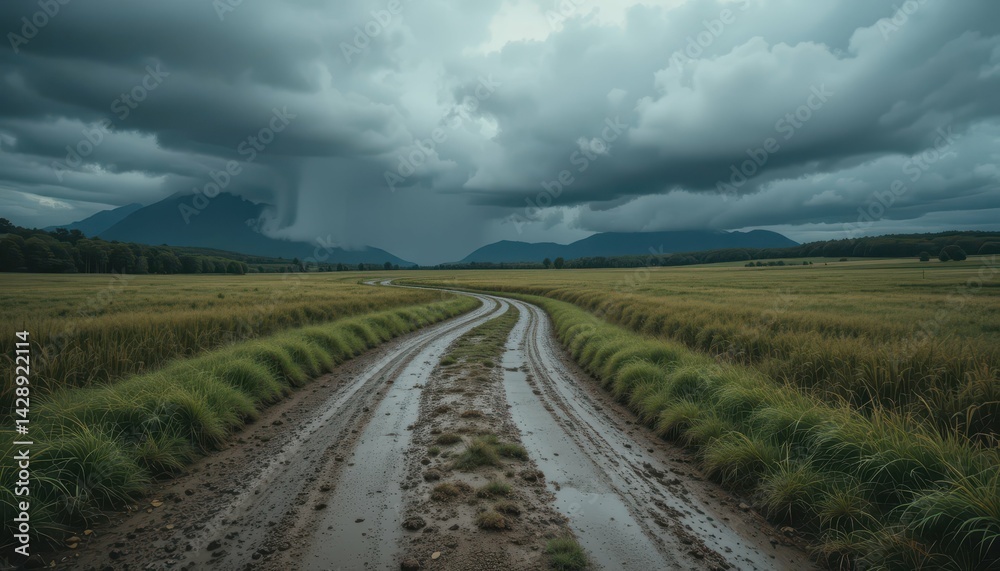 Naklejka premium Serene Country Road Beneath Dramatic Cloudy Sky in Nature Landscape