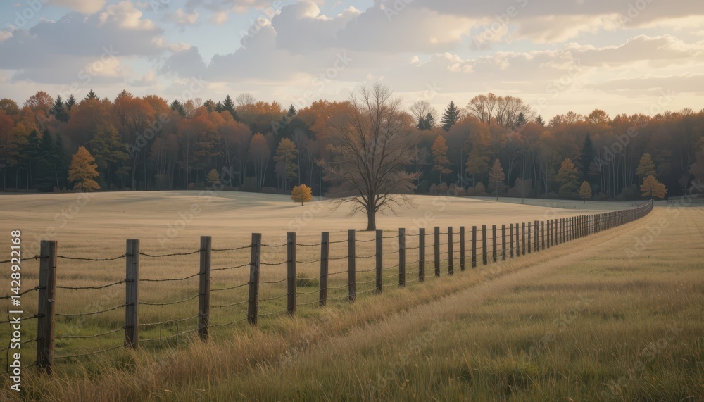 Obraz premium Serene Autumn Landscape with Barbed Wire Fence and Lone Tree