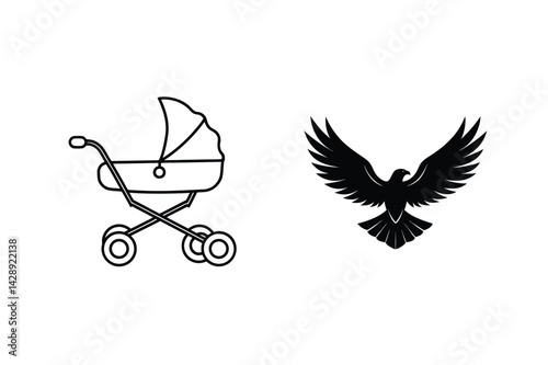 Baby Stroller Outline With Eagle Silhouette Isolated On White Background Vector Illustration