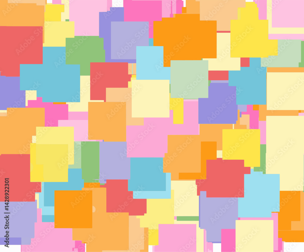 Background featuring a collage of overlapping colorful squares in a variety of pastel and vibrant hues.