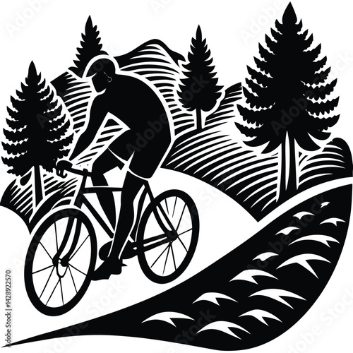 Mountain biker silhouette on trail with trees and hills artwork