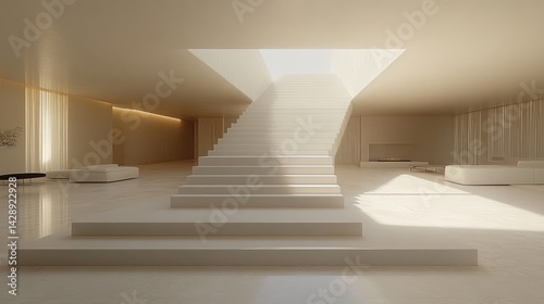 Minimalist interior with white staircase, sunlight through skylight, and modern furniture.