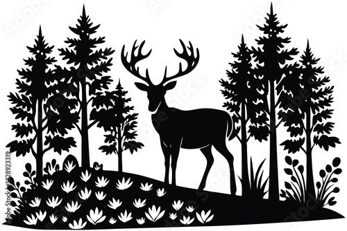 Silhouette of a majestic deer stag in a forest with evergreen trees