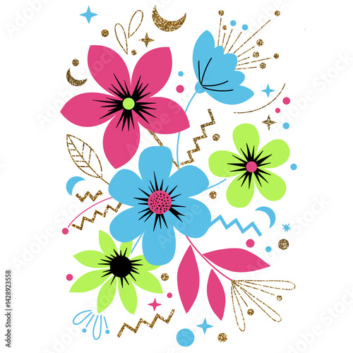 Colorful Floral Design with Glitter Accents on a Transparent Background