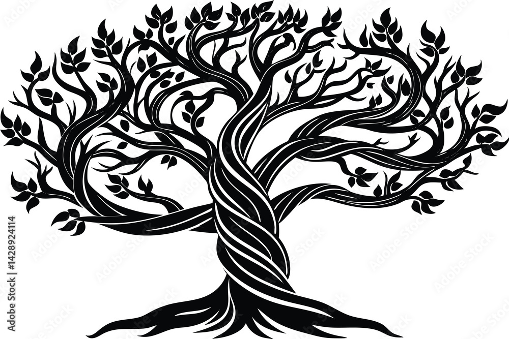 Obraz premium Stylized black and white tree illustration twisted trunk and branches