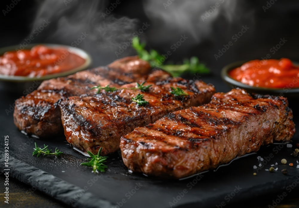 Grilled steaks with vibrant red sauce and steam create a tantalizing culinary delight Grilled steaks with vibrant red sauce and steam create a tantalizing culinary delight