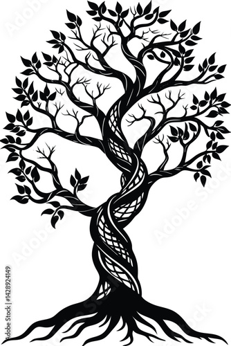 Stylized silhouette of a twisted tree with roots and leaves design