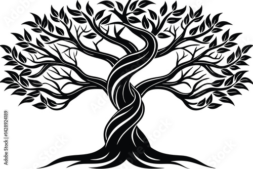 Abstract vector silhouette of a twisted tree with leaves black and white