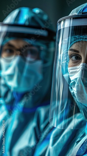 Focused medical professionals in protective gear