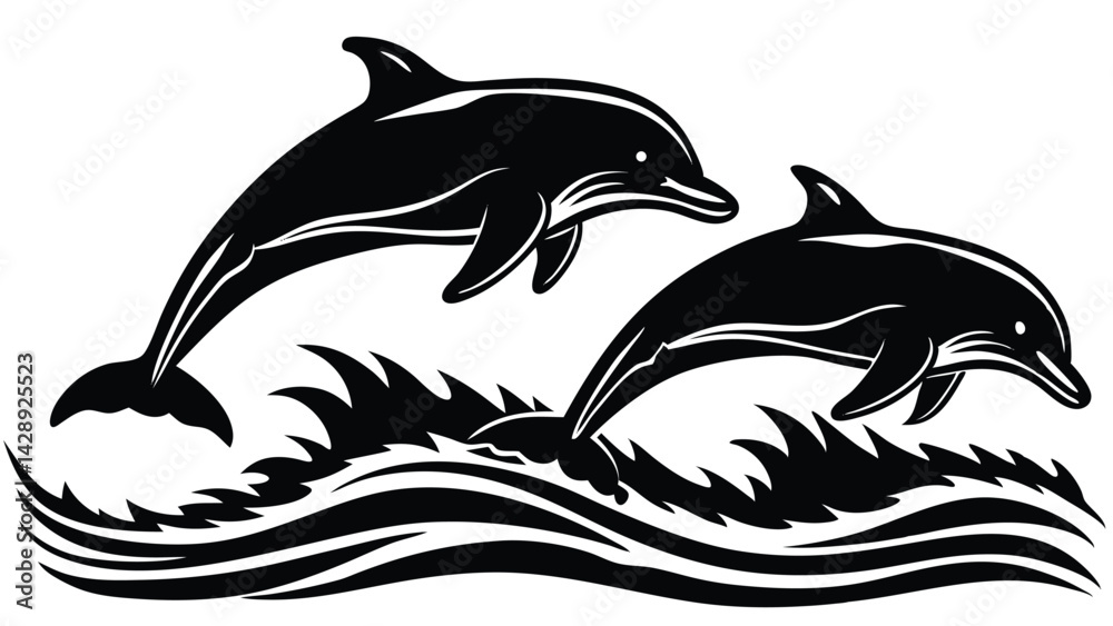 Fototapeta premium Two dolphins leaping out of the water in a stylized black silhouette