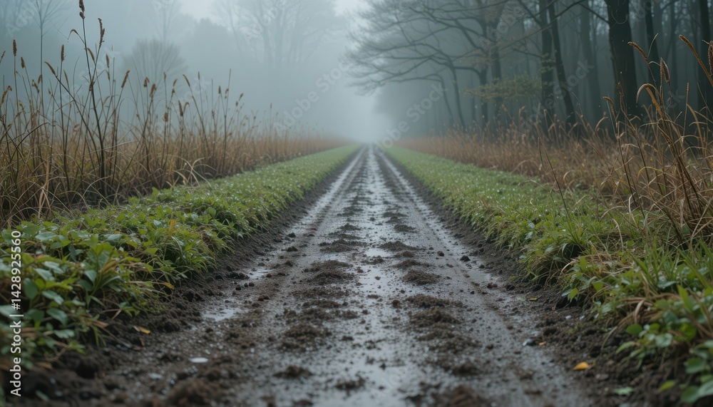 Naklejka premium Misty Road Through Forest with Muddy Path and Green Grass Edge