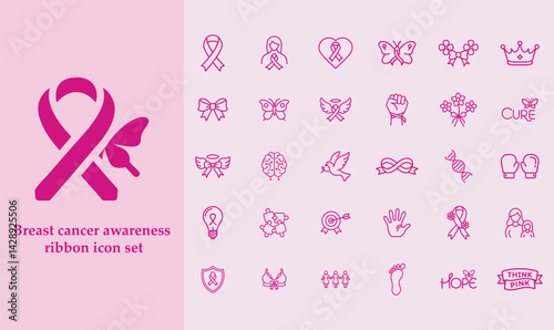 30 Breast cancer awareness ribbon icon set, October, breast, cancer, awareness, ribbon, health, pink, hope, care, support, and more.