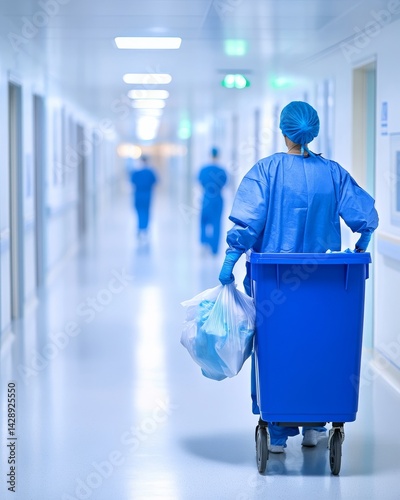 Obraz na płótnie A surgeon is walking down a hospital corridor while pushing a waste container w salonie