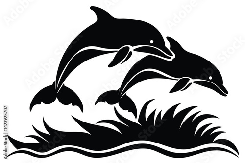 Two dolphins jumping over water in monochrome vector illustration graphic