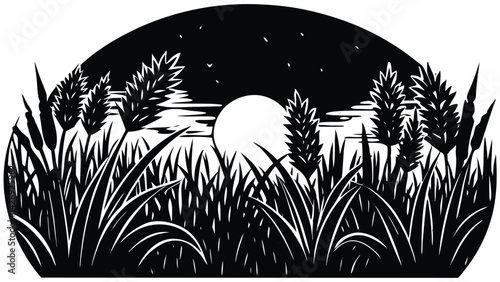 Serene black and white moonlit landscape with grass and reeds silhouette