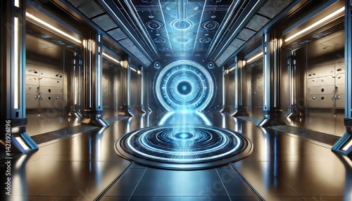 A sleek, futuristic corridor glows with neon blue lights, converging on a dazzling circular portal at the center