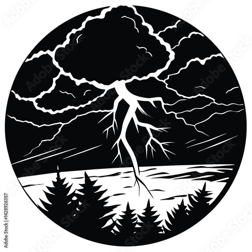 Dramatic lightning storm over forest and lake silhouette black and white