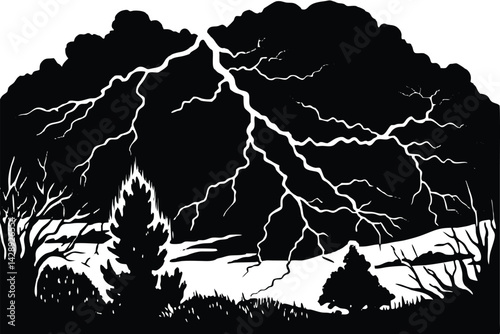 Dramatic lightning storm over forest landscape in black and white illustration