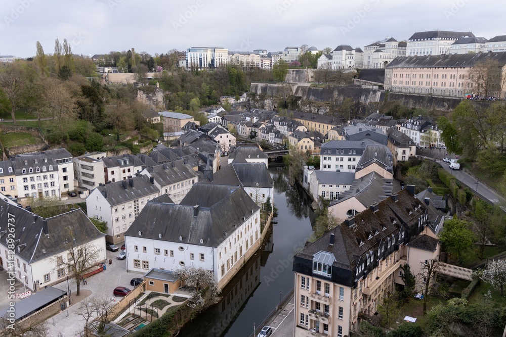 Fototapeta premium Aerial view of picturesque Luxembourg cityscape with historic buildings and lush greenery, urban landscape concept