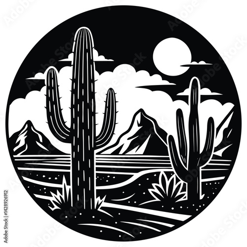 Monochromatic arizona desert landscape with cactus mountains and moon illustration
