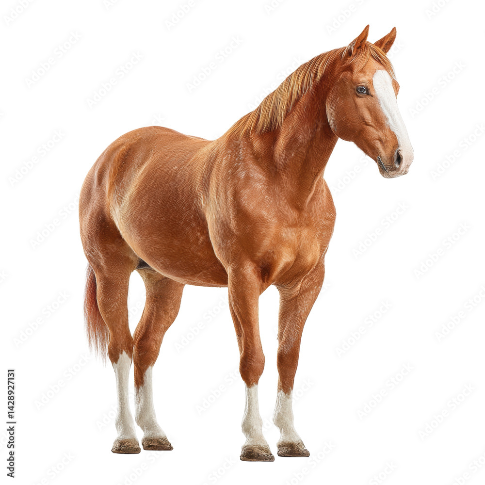 Fototapeta premium Majestic Chestnut Horse Standing Gracefully on white background