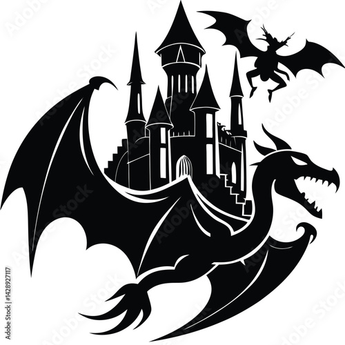 Black silhouette of dragon protecting castle with imp flying around isolated on white