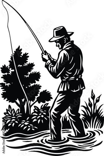 Fisherman standing in river casting rod silhouette style illustration