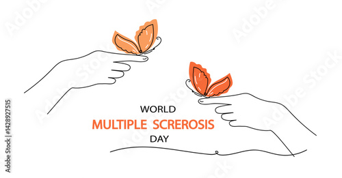 World multiple sclerosis day vector illustration with orange ribbon and brain outline in profile on white background, medical concept support awareness. Vector banner