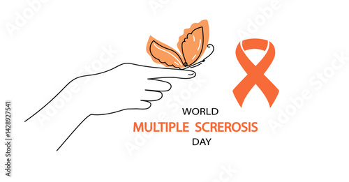 World multiple sclerosis day vector illustration with orange ribbon and brain outline in profile on white background, medical concept support awareness. Vector banner