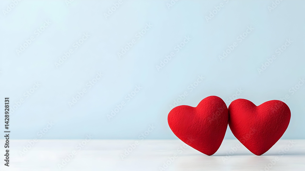 Two Red Hearts On White Surface Against Light Blue Background Two Red Hearts On White Surface Against Light Blue Background