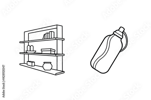 Outline Illustration Of Home Interior Shelf Decor And Collapsible Water Bottle